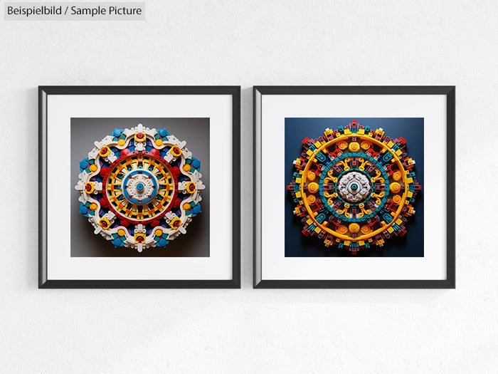 Two framed abstract artworks with intricate circular patterns in vibrant colors on a white wall.