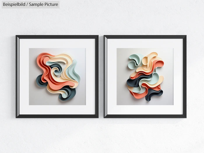 Two framed abstract artworks with layered, wavy patterns in pastel colors, displayed side by side on a white wall.