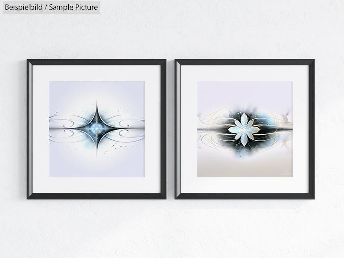 Two framed abstract artworks; one with star-like design, the other with a floral motif, both in soft blue and white hues.