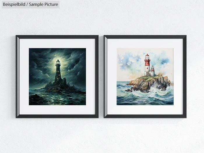 Side-by-side framed lighthouse paintings; left has a dark stormy sea, right shows a sunny sky and calm water.