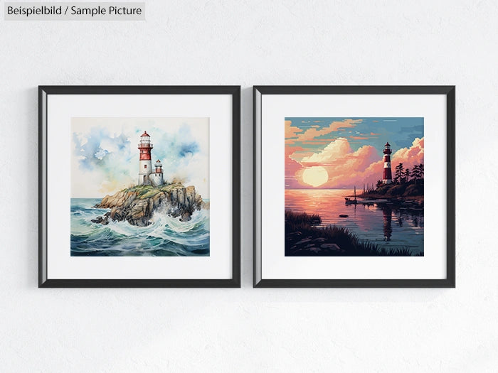 Two framed paintings: a lighthouse on a rocky coast with waves, and a serene sunset view with a lighthouse and water reflection.