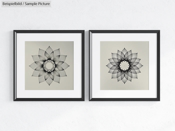 Two framed black and white geometric flower prints on a white wall.