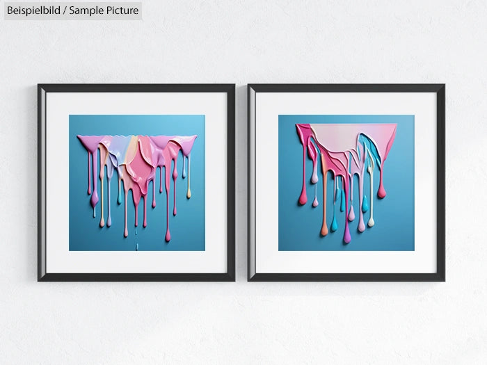 Two framed abstract artworks with colorful paint drips on blue and pink backgrounds.