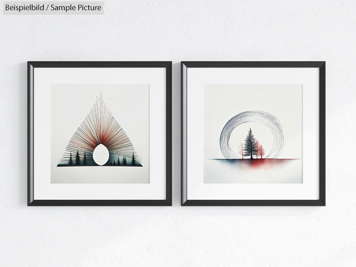 Two framed abstract landscape artworks with trees and geometric designs on a white wall.