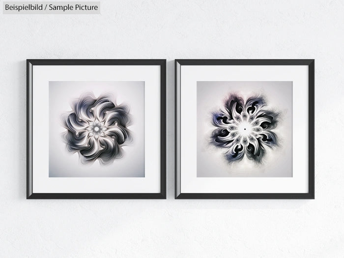 Two framed abstract artworks with swirling patterns, one primarily grey and the other dark with hints of blue and purple.