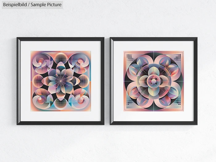 Two framed abstract artworks with geometric and kaleidoscopic patterns in pastel colors on a white wall.