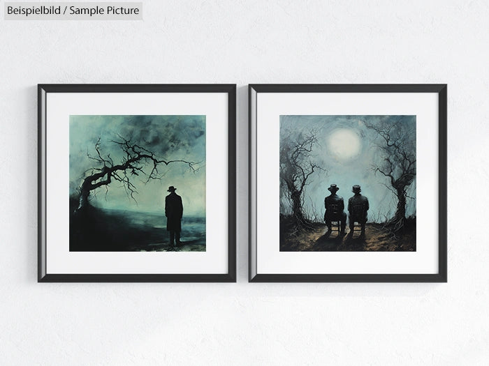 Two framed paintings of shadowy figures under trees with misty backgrounds on a white wall.