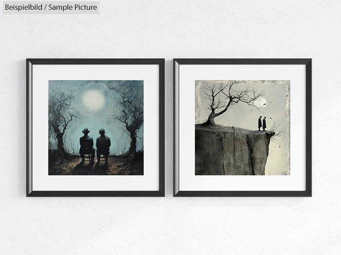 Two framed artworks: silhouettes under a moonlit sky and figures on a cliff with a barren tree, minimalist style.