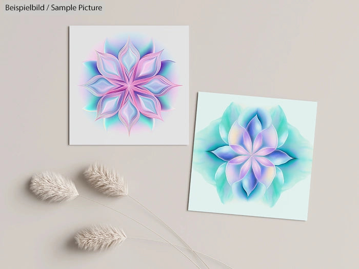 Two geometric floral artworks in pastel colors, with feathery plants beside them on a light background.