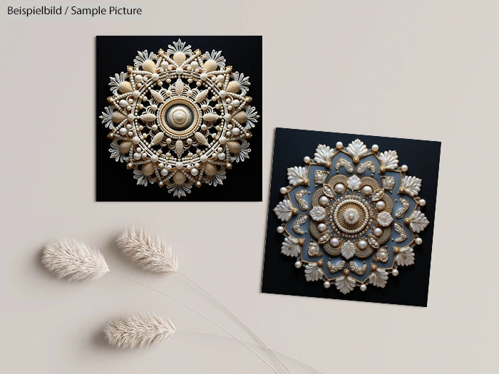 Two intricately designed mandalas with floral patterns on a black background, displayed alongside beige dried flowers.