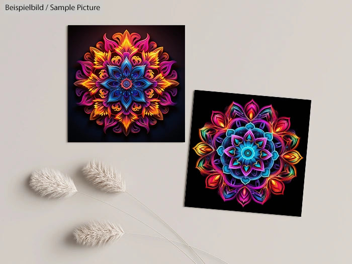 Two vibrant, colorful mandala artworks on a neutral background, with decorative dried plants beside them.