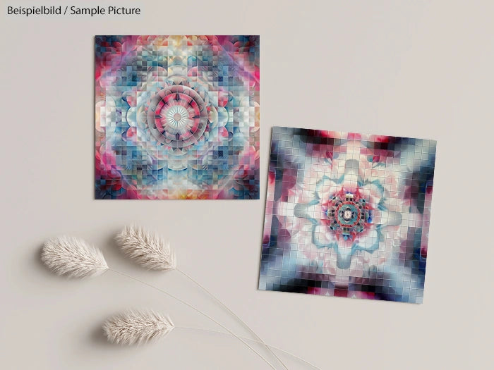 Two abstract geometric art prints with kaleidoscopic patterns and pastel colors, displayed on a beige surface with dried flowers.