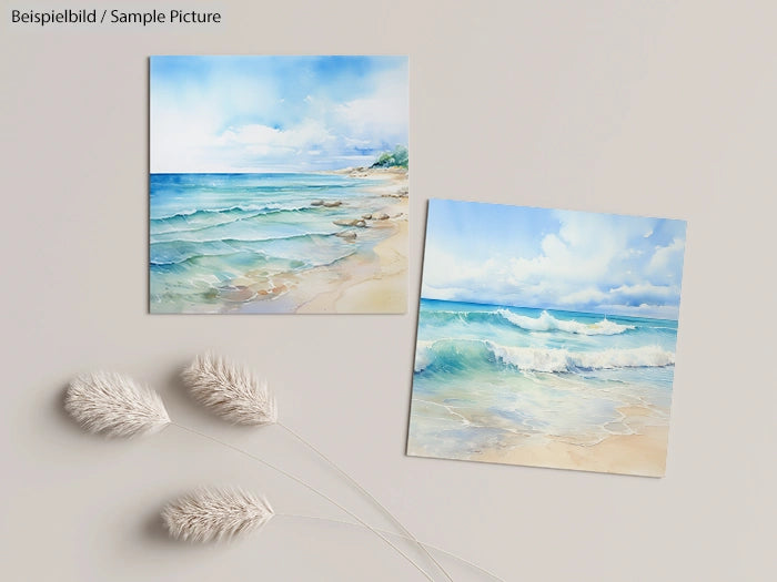 Two watercolor paintings of serene beach scenes with turquoise waves, set atop a beige background with dried flowers.