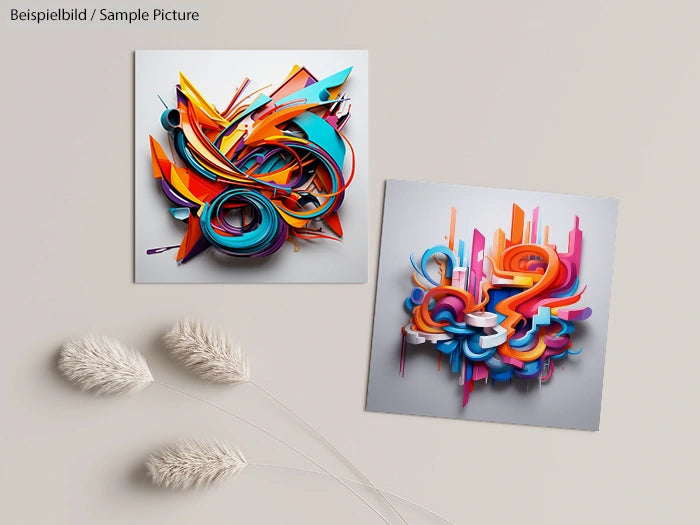 Abstract 3D artwork with vibrant colors and layered shapes on two square canvases, featuring wild and energetic designs.