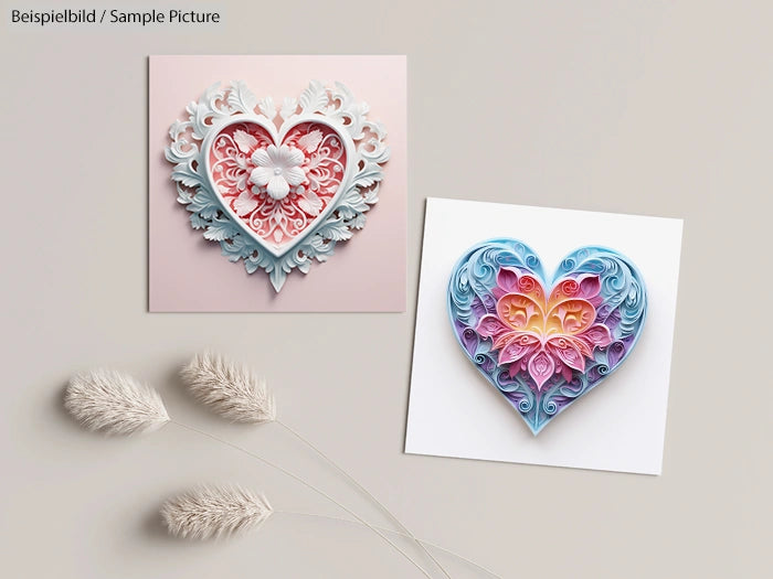 Two heart-shaped paper quilling art pieces with intricate patterns on a neutral background with decorative grass stalks.