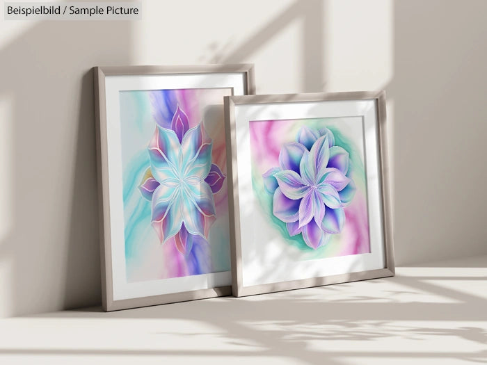 Two framed floral illustrations in soft pastel colors leaning against a wall, casting subtle shadows on a surface.