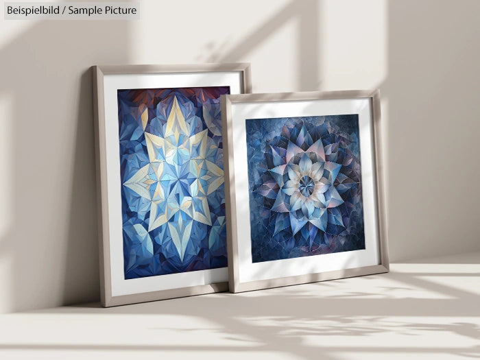 Two framed geometric art pieces with blue and white patterns, placed on a sunlit floor, casting soft shadows.