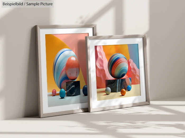 Two framed abstract paintings featuring colorful spherical shapes on stands, displayed on a sunlit surface.