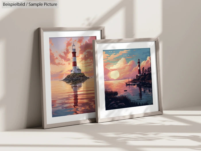 Two framed lighthouse paintings, one with a sunset sky and the other with a calm sunrise, bathed in soft natural light.