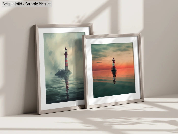 Two framed lighthouse paintings, one with red sunset, the other with a cloudy sky, resting against a wall with shadow play.