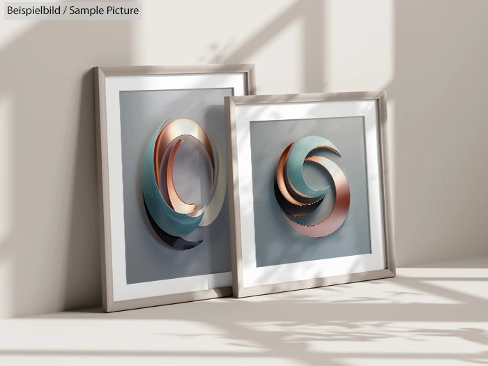 Two framed abstract artworks with metallic swirl designs in neutral-toned room.