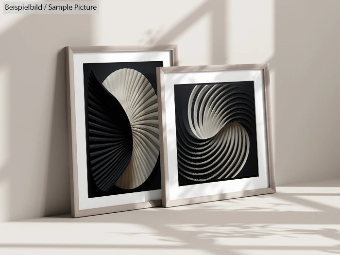 Two framed abstract artworks with spiral designs in black and white, placed on a light surface with shadows.