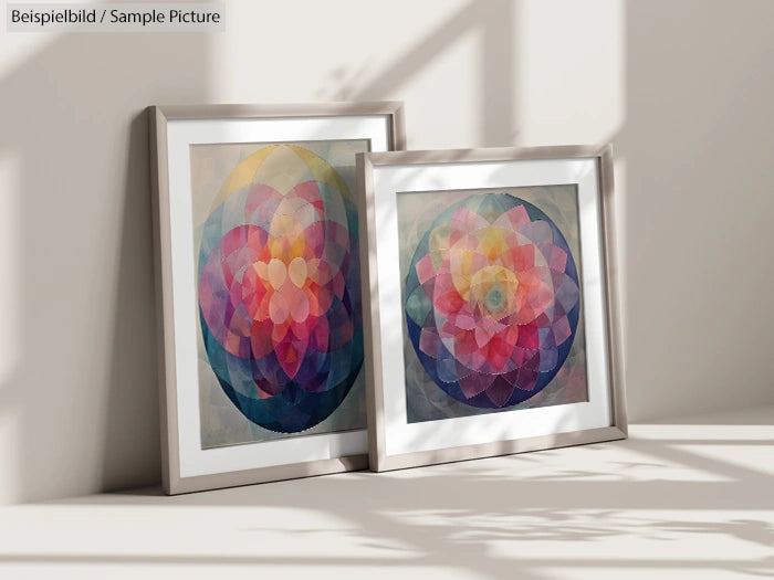 Two framed geometric artworks with overlapping colorful circles in a sunny room.