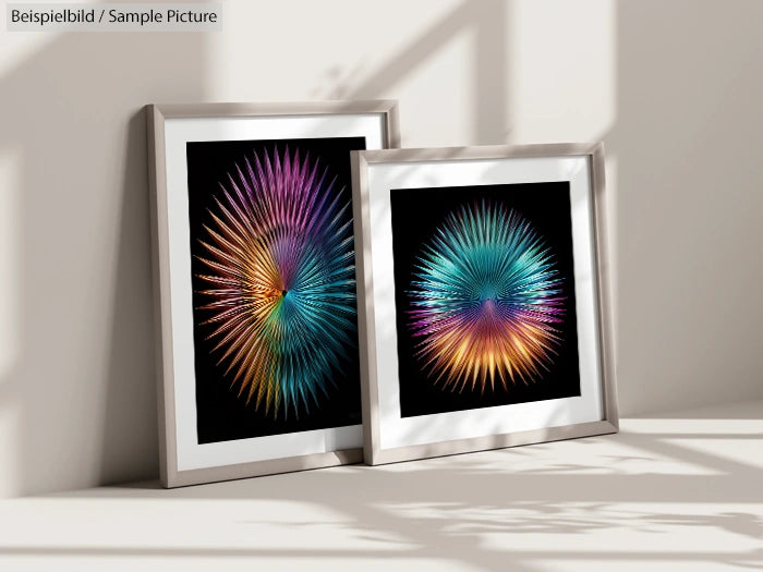 Two vibrant abstract artworks with colorful radial designs in frames, placed on a light background with shadows.