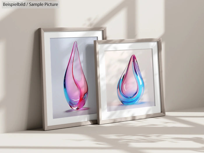 Two framed abstract art pieces with pink and blue glass sculptures on a sunlit surface.