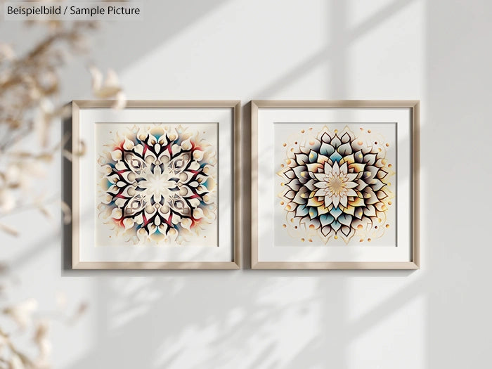 Two framed mandala art pieces on a wall with shadow patterns; intricate designs in beige, black, and pastel colors.