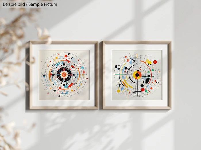 Two abstract art prints in frames on a wall, featuring colorful geometric shapes and lines in circular patterns.