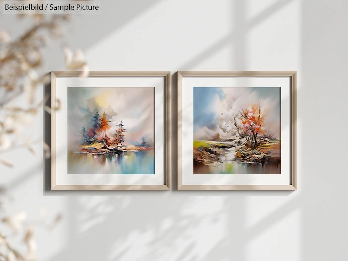 Two framed landscape watercolor paintings on a wall, depicting autumn trees and calm waters.