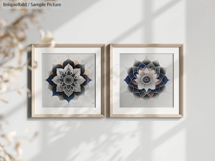 Two framed mandala artworks in geometric patterns, hung on a wall with sunlight casting shadows.