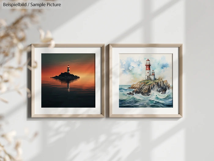 Two framed lighthouse pictures, one at sunset and one in daylight, hung on a white wall with plant shadows.