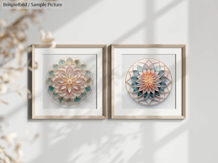 Two framed mandala artworks with intricate designs on a white wall, adorned in shades of pink, blue, and gold.