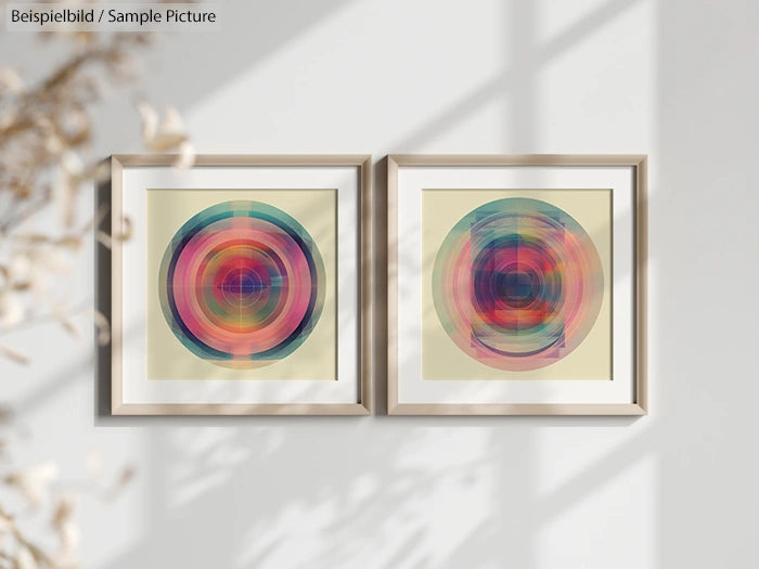 Two framed abstract circular artworks with overlapping vibrant colors, mounted on a light wall with plant shadows.