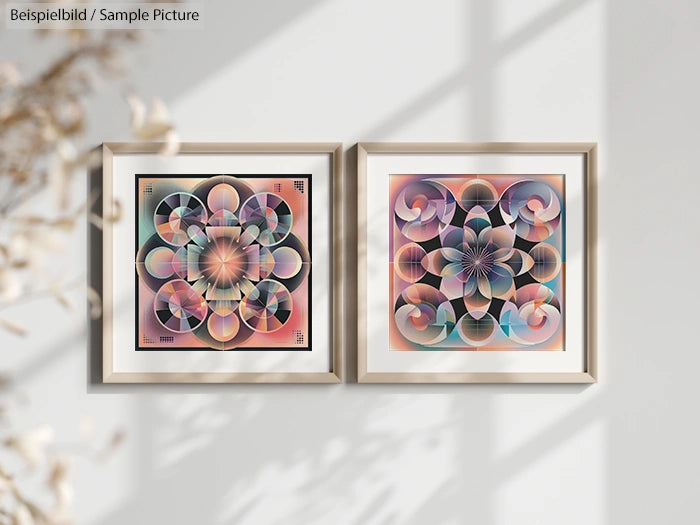 Two framed geometric prints with colorful patterns hanging on a wall with natural light and shadow play.