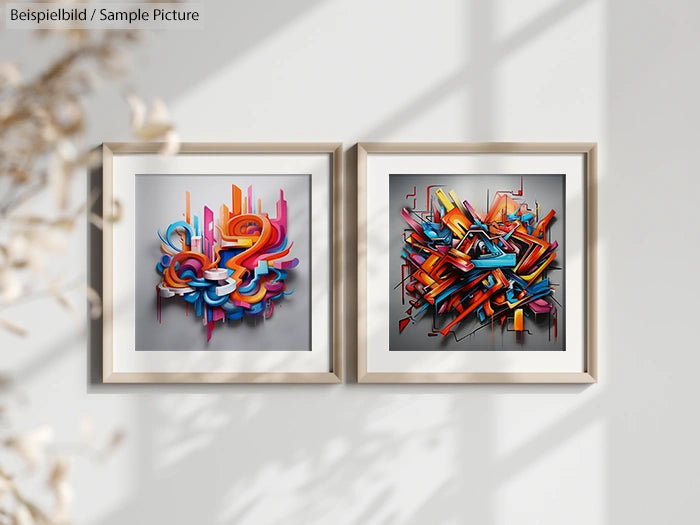 Two abstract paintings with colorful geometric shapes in wooden frames, displayed on a light gray wall.