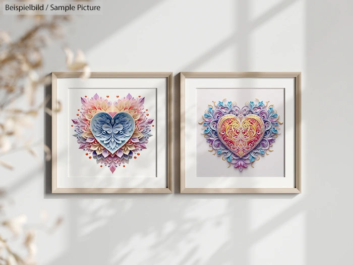 Two framed heart-shaped artworks with intricate, colorful designs on a white wall.