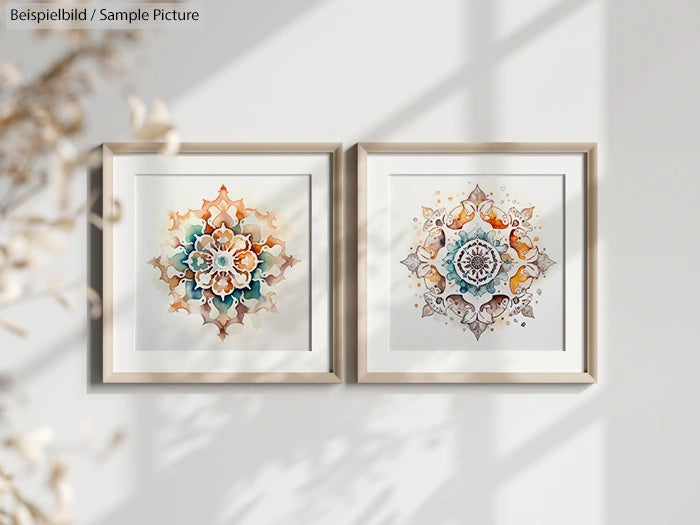 Two framed mandala art pieces with floral patterns hanging on a wall.