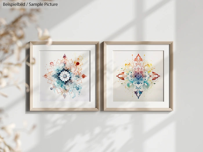 Two framed abstract mandala artworks on a sunlit wall.