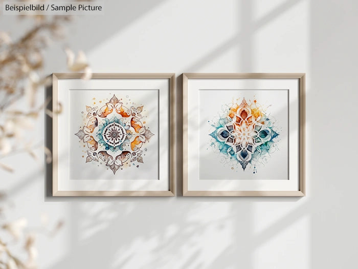 Two framed abstract mandala artworks on a light gray wall with soft shadows.