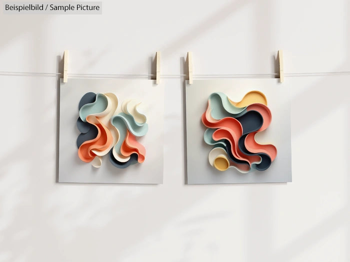 Two abstract paper art pieces with colorful wavy patterns hanging on a line with clothespins.