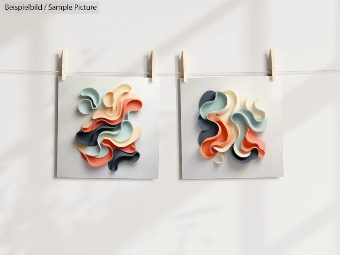 Two paper art pieces with colorful abstract wave patterns, hung side by side on a string using wooden clothespins.