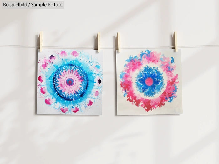 Two vibrant Mandala artworks with blue and pink floral patterns hanging on a line against a white background.