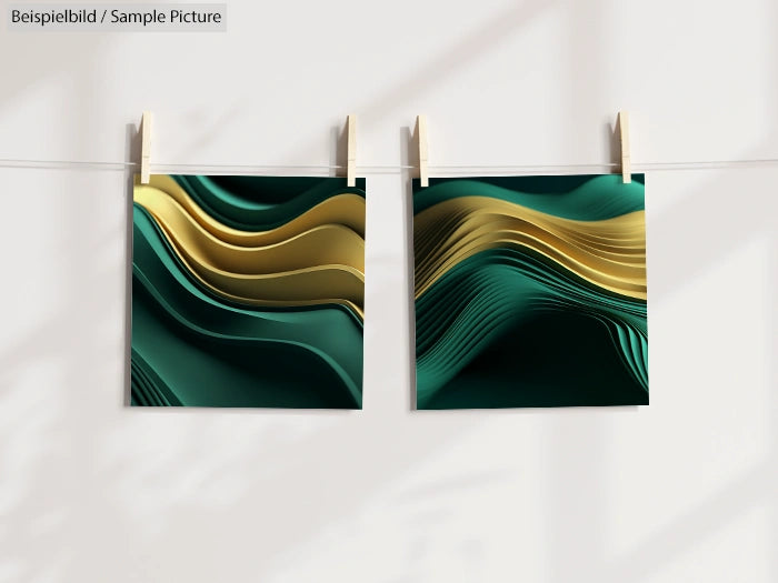 Two mounted abstract prints with green and yellow flowing wave patterns, hung on a line with clips.