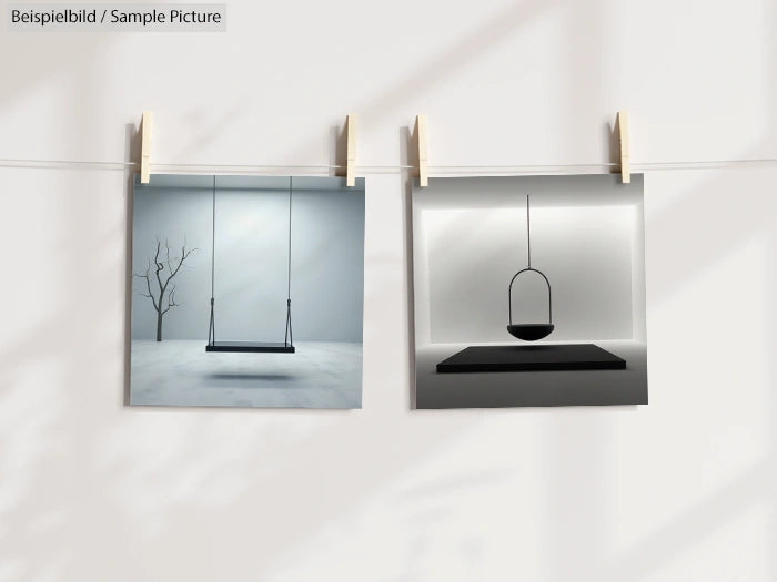 Two minimalist photos of swings hanging indoors, one with a barren tree in the background.