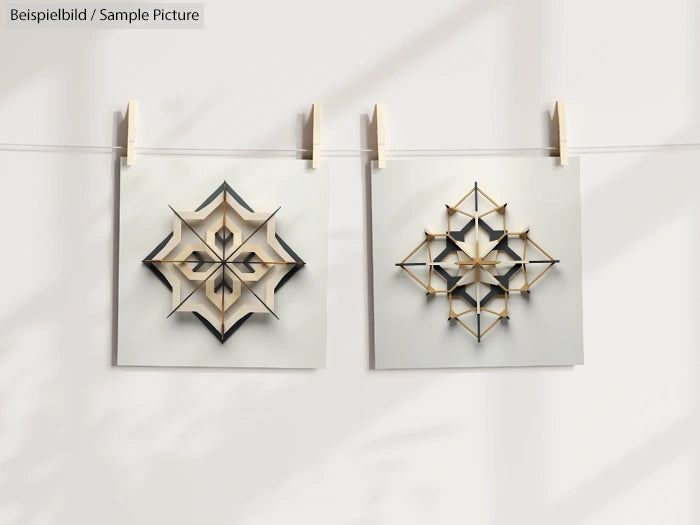 Two geometric paper art pieces hanging on a line with clothespins, casting shadows on a white background.