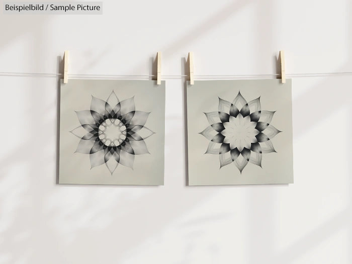 Two monochrome mandala prints hanging on a line with clothespins against a light background.