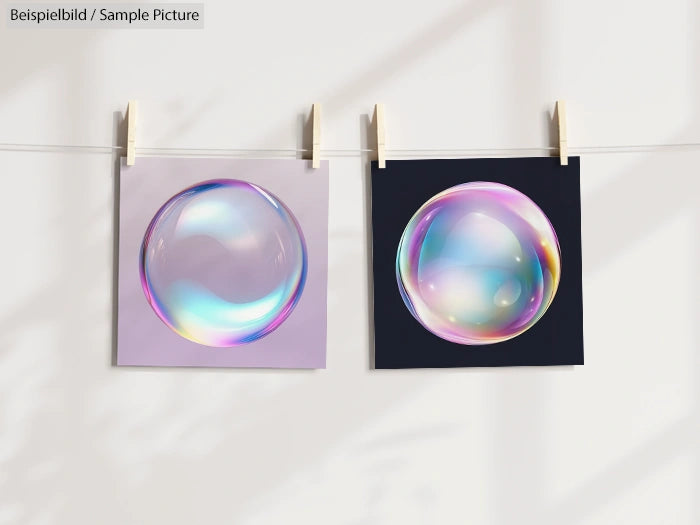 Two prints of iridescent bubbles hanging on a line with clothespins, against a light background.